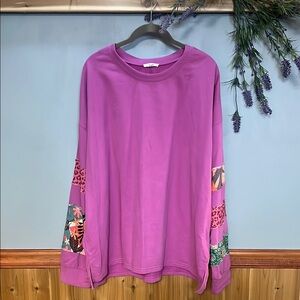 Easel Purple Patchwork OversizedCotton Plus 1X Sweatshirt with Patterned Sleeves